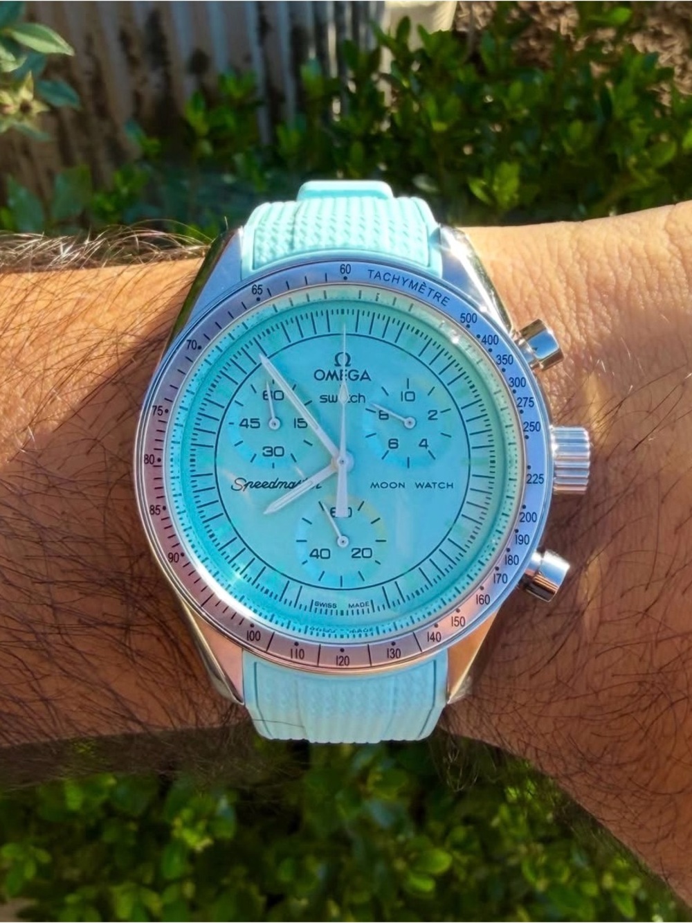 Omega Mission to Uranus Metal Case Mod on light blue rubber strap